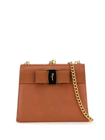 Pre-owned Ferragamo 2010-2024 Vara Leather Chain Crossbody Bag In Brown