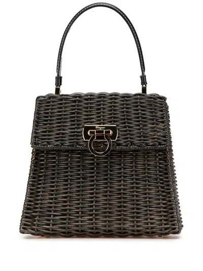 Pre-owned Ferragamo 2010-2024 Wicker Gancini Iconic Top Handle Bag Handbag In Black