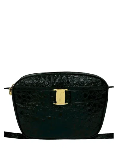 Pre-owned Ferragamo 2010-2025 Croc Embossed Leather Vara Crossbody Bag In Black