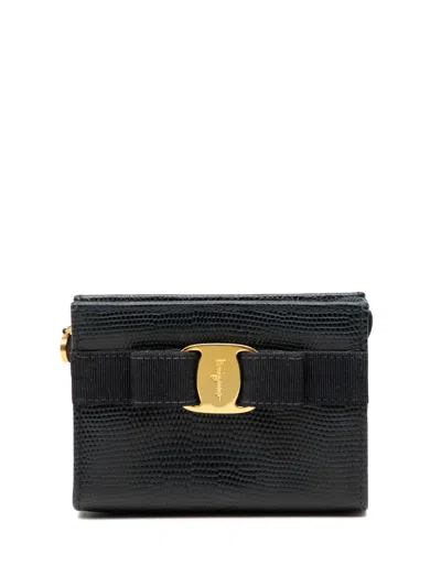 Pre-owned Ferragamo 2010-2025 Embossed Lizard Leather Vara Bow Pouch Coin Pouch In Black