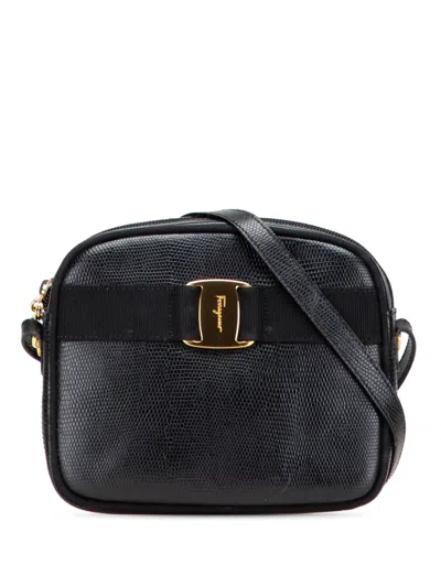 Pre-owned Ferragamo 2010-2025 Embossed Lizard Leather Vara Crossbody Bag In Black