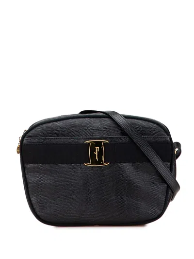 Pre-owned Ferragamo 2010-2025 Embossed Lizard Leather Vara Crossbody Bag In Black