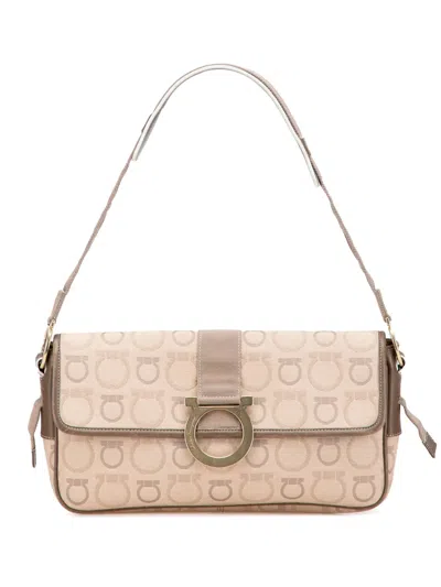 Pre-owned Ferragamo 2010-2025 Gancini Canvas Shoulder Bag In Brown