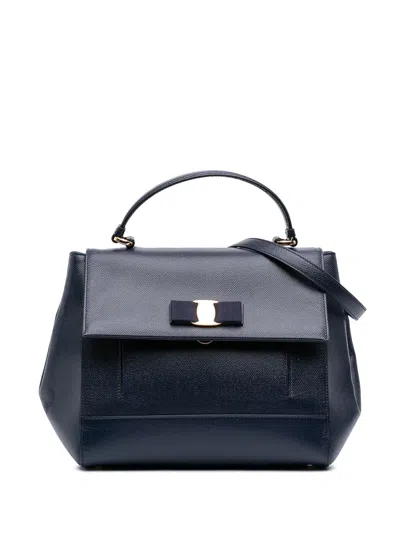Pre-owned Ferragamo 2010-2025 Leather Carrie Vara Bow Top Handle Bag Satchel In Blue