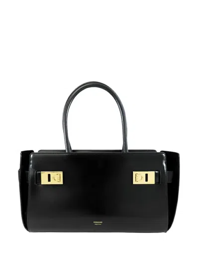 Pre-owned Ferragamo 2010-2025 Leather Double Gancini Side Buckle Tote Bag In Black