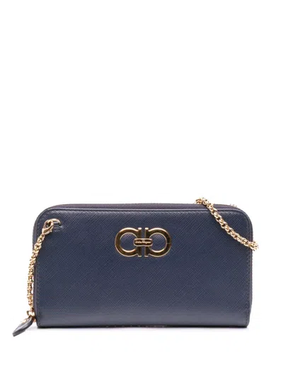 Pre-owned Ferragamo 2010-2025 Leather Double Gancini Wallet On Chain Crossbody Bag In Blue