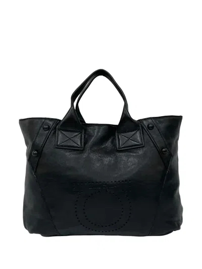 Pre-owned Ferragamo 2010-2025 Leather Gancini Perforated Tote Bag In Black