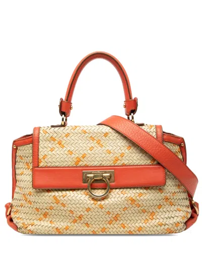 Pre-owned Ferragamo 2010-2025 Medium Woven Leather Gancini Sofia Satchel In Brown