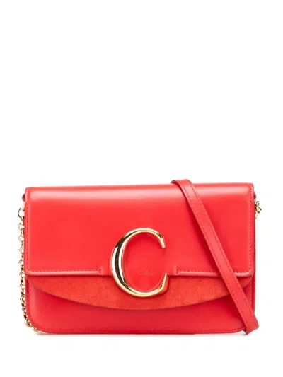 Pre-owned Ferragamo 2010-2025 Small Calfskin And Suede C Clutch With Chain Crossbody Bag In Red