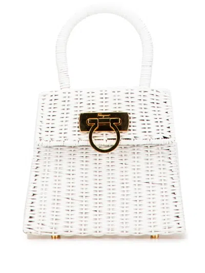 Pre-owned Ferragamo 2010-2025 Straw Gancini Handbag In White