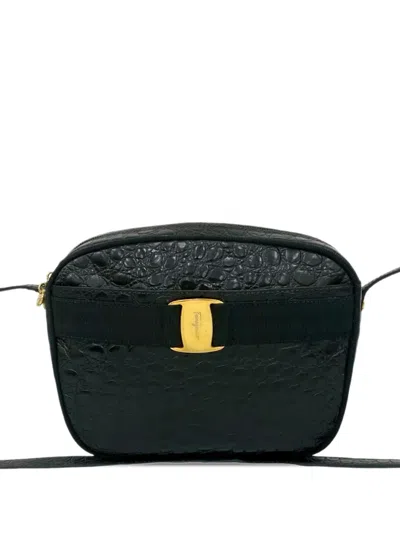 Pre-owned Ferragamo 2010-2026 Croc Embossed Calfskin Vara Crossbody Bag In Black
