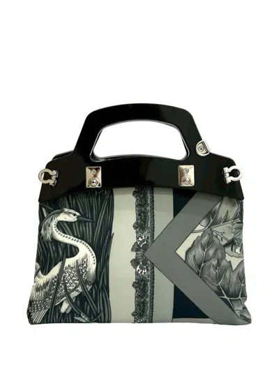Pre-owned Ferragamo 2010-2026 Printed Canvas Acrylic Top Handle Bag Satchel In Black