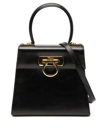 Pre-owned Ferragamo 2010-2026 Small Leather Gancini Iconic Top Handle Bag Satchel In Black