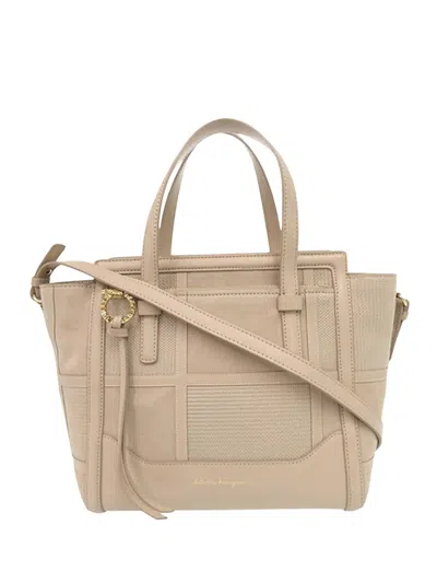 Pre-owned Ferragamo 2010-2020 Calfskin And Suede Amy Satchel In Neutrals