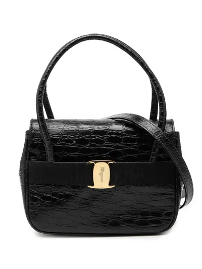 Pre-owned Ferragamo 2010-2025 Croc Embossed Vara Bow Top Handle Bag Satchel In Black
