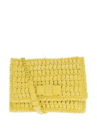 Pre-owned Ferragamo 2010-2025 Raffia Effect Crochet Viva Bow Shoulder Bag In Yellow