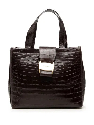 Pre-owned Ferragamo 2010-2026 Croc Embossed Leather Vara Bow Handbag In Brown