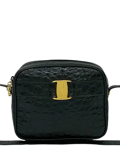 Pre-owned Ferragamo 2010-2026 Croc Embossed Leather Vara Crossbody Bag In Black