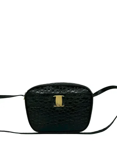 Pre-owned Ferragamo 2010-2026 Croc Embossed Leather Vara Crossbody Bag In Black