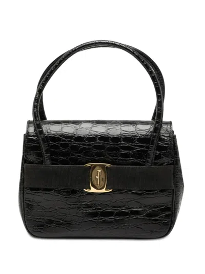 Pre-owned Ferragamo 2010-2026 Croc Embossed Vara Bow Top Handle Bag Satchel In Black