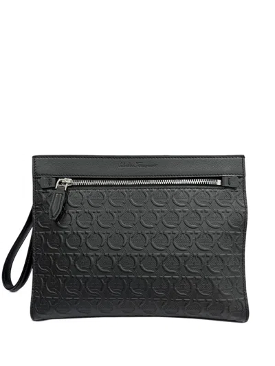 Pre-owned Ferragamo 2010-2026 Embossed Calfskin Gancini Wristlet Pouch Clutch Bag In Black
