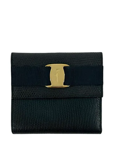 Pre-owned Ferragamo 2010-2026 Embossed Leather Vara Trifold Wallet Small Wallets In Black