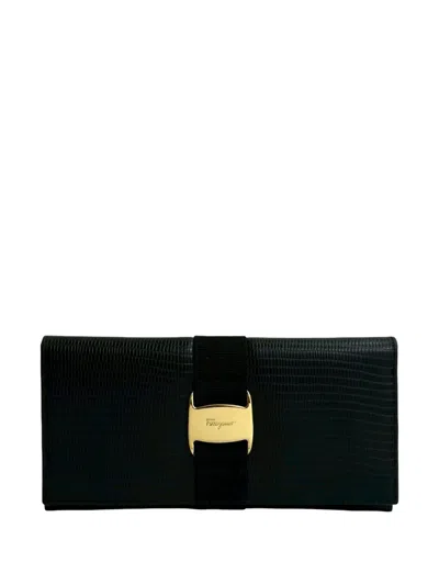 Pre-owned Ferragamo 2010-2026 Embossed Leather Vara Wallet Long Wallets In Black