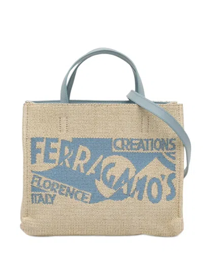 Pre-owned Ferragamo 2010-2026 S Creations Medium Raffia Shopping Tote Satchel In Neutral