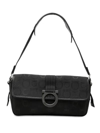 Pre-owned Ferragamo 2010-2026 Gancini Canvas Shoulder Bag In Black