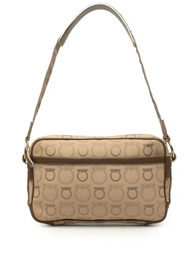 Pre-owned Ferragamo 2010-2026 Gancini Canvas Shoulder Bag In Neutrals