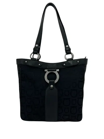 Pre-owned Ferragamo 2010-2026 Gancini Canvas Tote Bag In Black