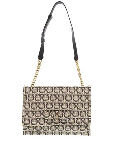 Pre-owned Ferragamo 2010-2026 Gancini Canvas Viva Bow Shoulder Bag In Neutral