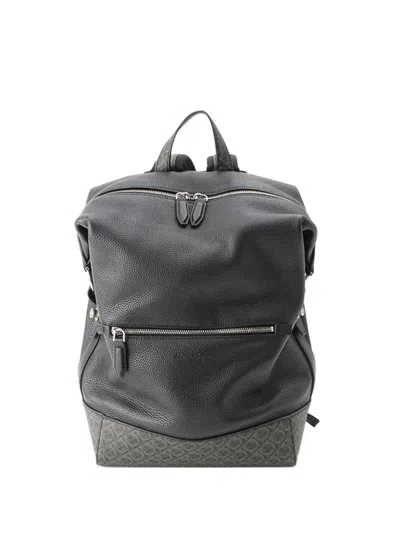 Pre-owned Ferragamo 2010-2026 Gancini Coated Canvas Trimmed Leather Backpack In Black