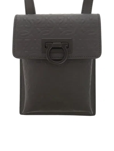 Pre-owned Ferragamo 2010-2026 Gancini Embossed Leather Phone Pouch Crossbody Bag In Black