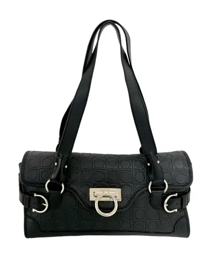 Pre-owned Ferragamo 2010-2026 Gancini Embossed Leather Shoulder Bag In Black