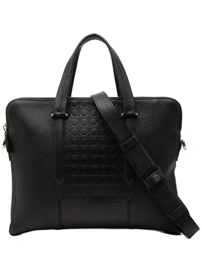 Pre-owned Ferragamo 2010-2026 Gancini Embossed Leather Trimmed Business Bag In Black