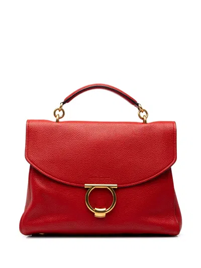 Pre-owned Ferragamo 2010-2026 Large Calfskin Gancini Margot Top Handle Bag Satchel In Red