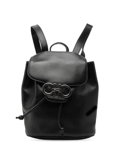 Pre-owned Ferragamo 2010-2026 Leather Double Gancini Backpack In Black
