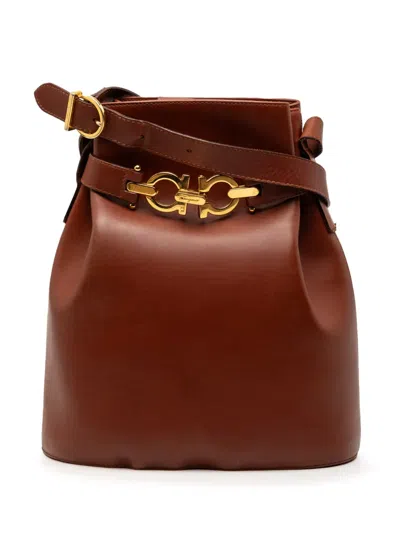 Pre-owned Ferragamo 2010-2026 Leather Double Gancini Bucket Bag In Brown