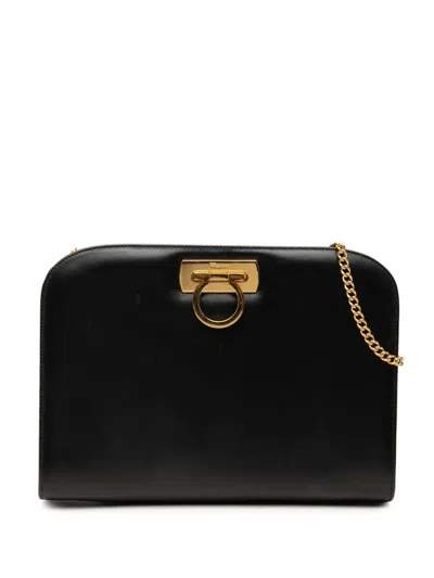 Pre-owned Ferragamo 2010-2026 Leather Gancini Chain Crossbody Bag In Black
