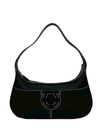 Pre-owned Ferragamo 2010-2026 Leather Gancini Stitched Shoulder Bag In Black
