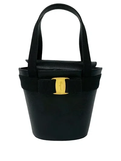 Pre-owned Ferragamo 2010-2026 Leather Vara Bow Top Handle Bucket Bag In Black