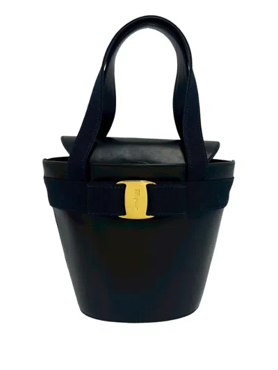 Pre-owned Ferragamo 2010-2026 Leather Vara Bow Top Handle Bucket Bag In Blue