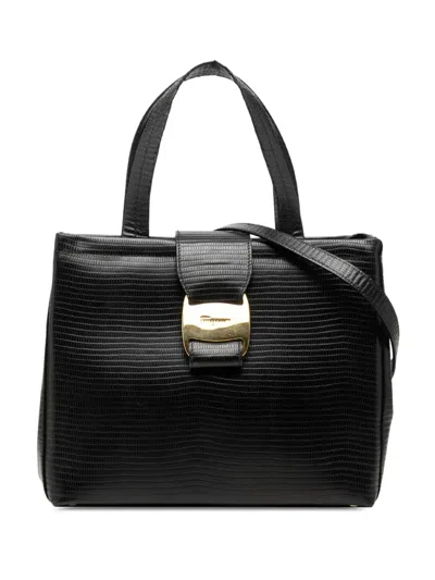 Pre-owned Ferragamo 2010-2026 Lizard Embossed Leather Satchel In Black