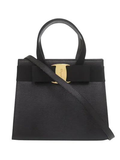 Pre-owned Ferragamo 2010-2026 Lizard Embossed Leather Vara Bow Satchel In Black