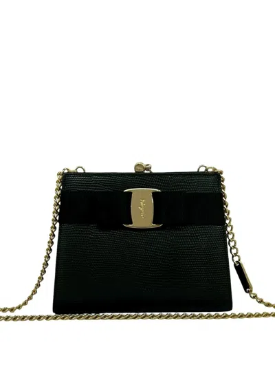 Pre-owned Ferragamo 2010-2026 Lizard Embossed Leather Vara Chain Crossbody Bag In Black