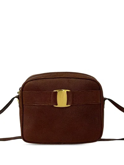 Pre-owned Ferragamo 2010-2026 Lizard Embossed Leather Vara Crossbody Bag In Brown