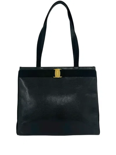 Pre-owned Ferragamo 2010-2026 Lizard Embossed Leather Vara Tote Bag In Black