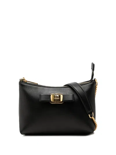 Pre-owned Ferragamo 2010-2026 Mini Leather Vara Bow Chain Crossbody Bag In Black