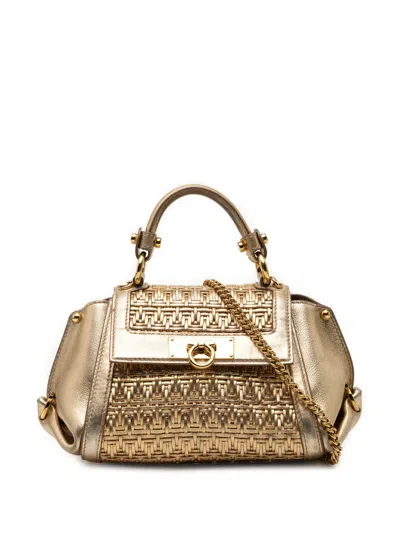 Pre-owned Ferragamo 2010-2026 Mini Metallic Woven Leather Gancini Sofia Satchel In Gold